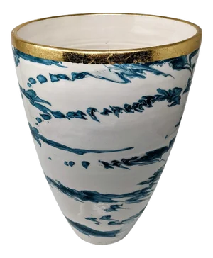Italian European Oversized Teal Swirl Ceramic Vase With Gold Rim