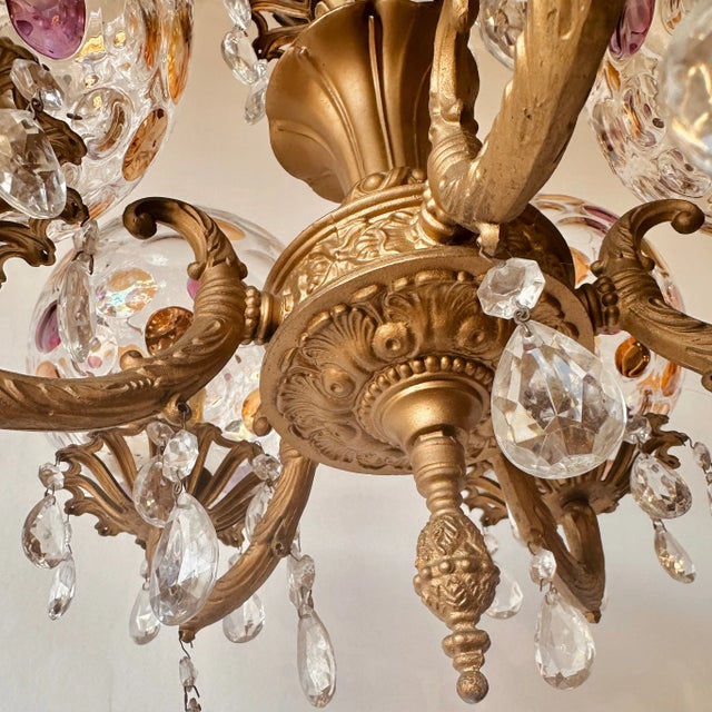 Metal Antique Czech Bohemia Crystal Glass Coin Dot 5 Globe Brass Chandelier For Sale - Image 7 of 12