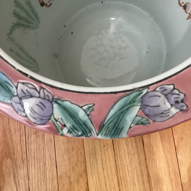 Vintage Pair of Chinoiserie Large Porcelain Koi Fish Bowl Planters Floral Motif For Sale In Chicago - Image 6 of 12