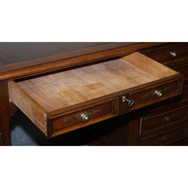 Animal Skin Vintage Hekman Usa Twin Pedestal Desk with Brown Leather Top Brass Handles For Sale - Image 7 of 18