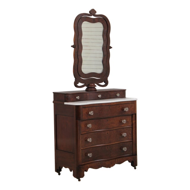 Antique Empire Burl Walnut Marble Top Dresser W. Mirror For Sale