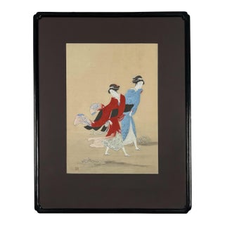 Early 20th Century Japanese Bijin-Ga Mixed-Media Silk Artwork of Two Women With Fans For Sale