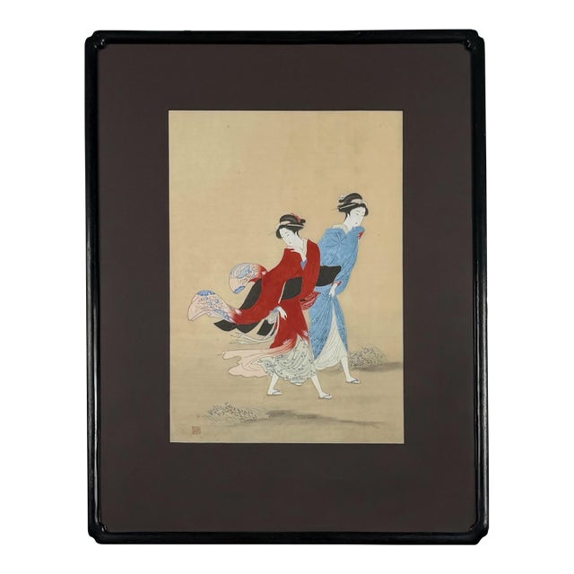 Early 20th Century Japanese Bijin-Ga Mixed-Media Silk Artwork of Two Women With Fans For Sale