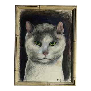 Vintage Impressionist Pastel Portrait of a Cat in Bamboo Frame For Sale