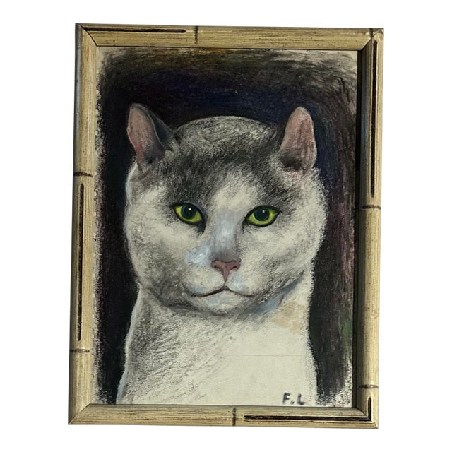 Vintage Impressionist Pastel Portrait of a Cat in Bamboo Frame For Sale