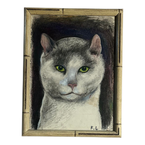 Vintage Impressionist Pastel Portrait of a Cat in Bamboo Frame