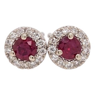 Pretty Ruby Studs With Natural Diamond Halo: Solid 14k Gold, Round 3.3mm, Pair For Sale
