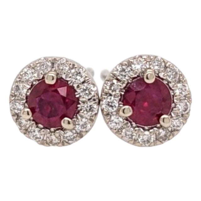 Pretty Ruby Studs With Natural Diamond Halo: Solid 14k Gold, Round 3.3mm, Pair For Sale