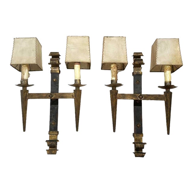 Pair of Early 20th Century Gilded Iron Sconces With Shades For Sale