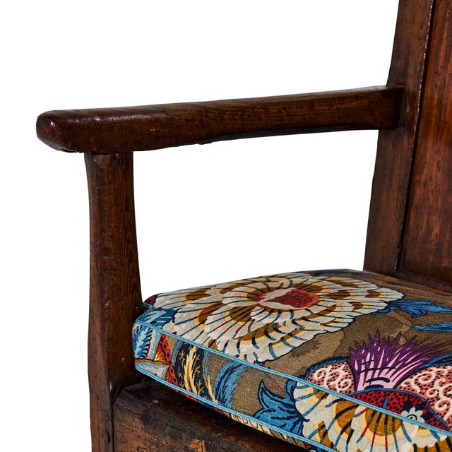 19th Century Wood Bench with Schumacher Zanzibar Linen Print Cushion For Sale - Image 9 of 13