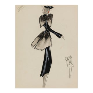 Vintage French Fashion Art Print – Black Coat and Gray Fur Illustration, 30" X 40" For Sale