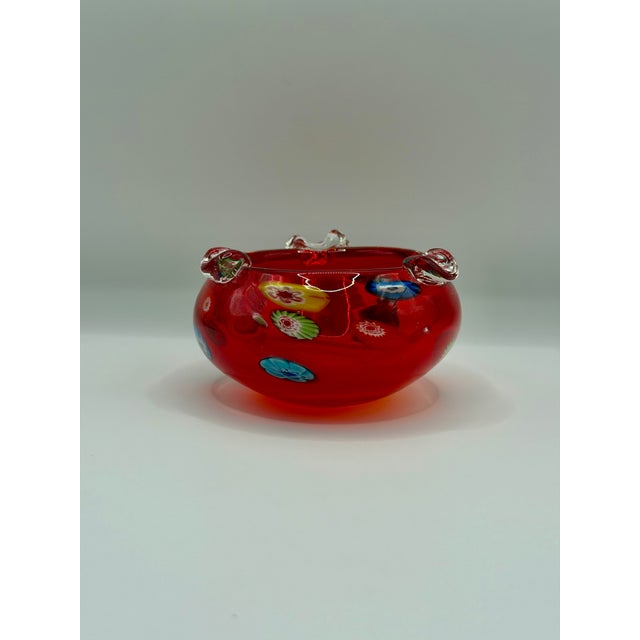 Vintage Red Murano Style Ashtray, Hand Blown Millefiori Glass Bowl Catchall For Sale - Image 4 of 6
