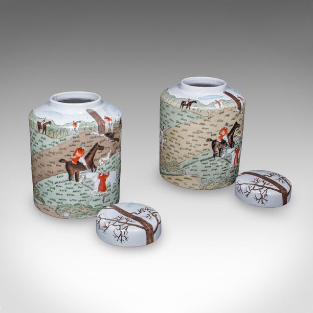 This is a pair of vintage huntsman biscuit barrels. An Oriental, ceramic lidded kitchen storage jar with rural British...