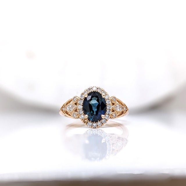 Blue Sapphire Engagement Ring With Natural Diamond Halo: Solid 14k Gold, Size 6.75 For Sale In Columbus - Image 6 of 10