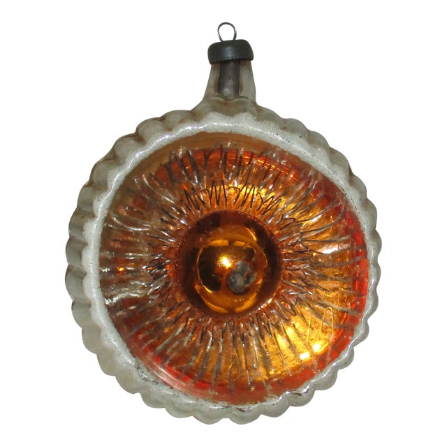 Vintage German Glass Diorama Ribbed Back Wired Yellow Ball Christmas Ornament For Sale