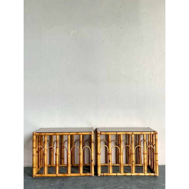 Tan Vintage Boho Arched Rattan Side Table For Sale - Image 8 of 10