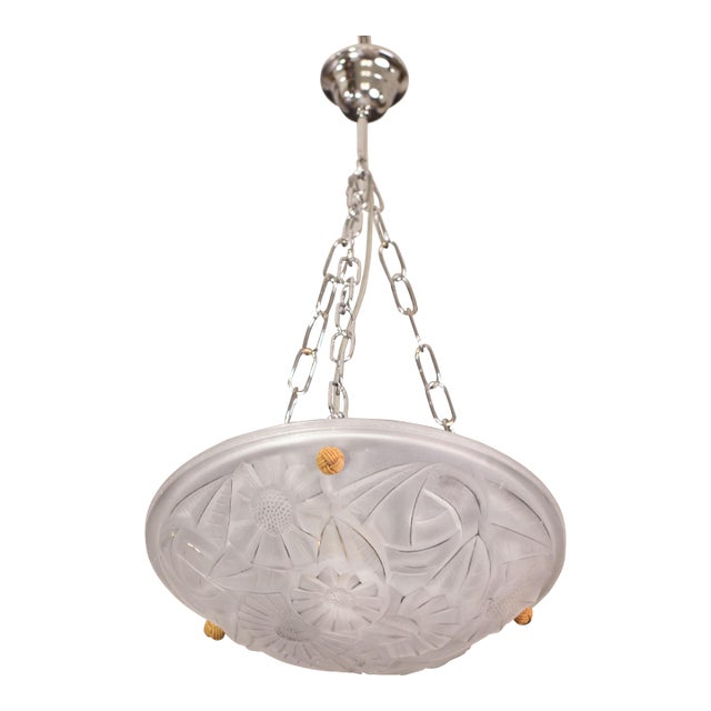1920s Art Deco Pendant Light Floral Decorations, Signed Degué For Sale