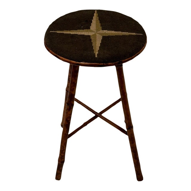 Antique American Bamboo Stool With Original Needlepoint Seat For Sale
