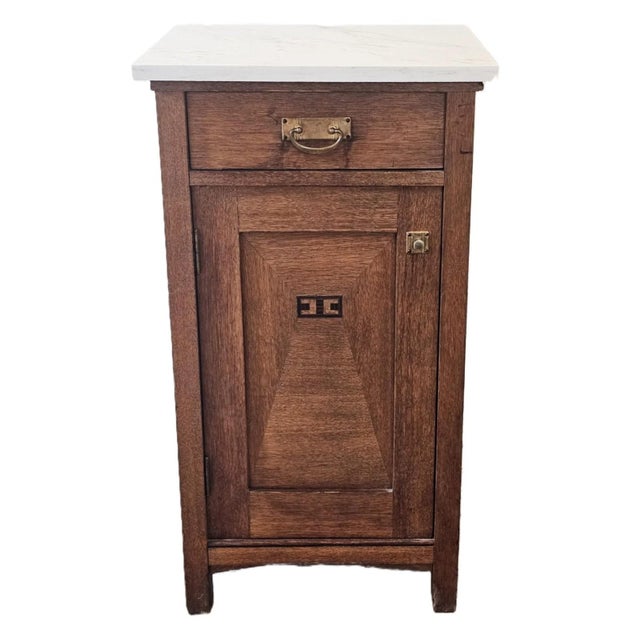 1930s French Oak Art Deco Nightstand Marble Top Bedside Cabinet End Table For Sale - Image 4 of 17