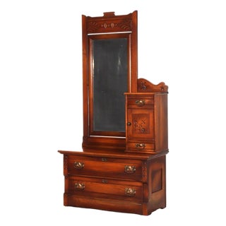 Antique Spoon Carved Oak Low Dresser With Dressing Mirror & Hat Box C1900 For Sale