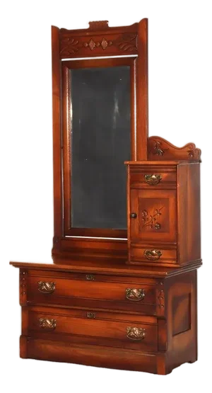 Antique Spoon Carved Oak Low Dresser With Dressing Mirror & Hat Box C1900