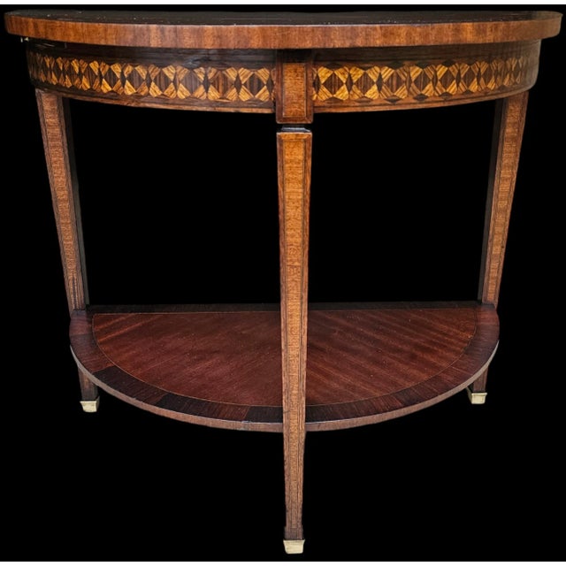 Antique Louis XVI Style Diminutive Demilune Console W/Tooled Leather Top Retractable Side Shelf For Sale - Image 4 of 9