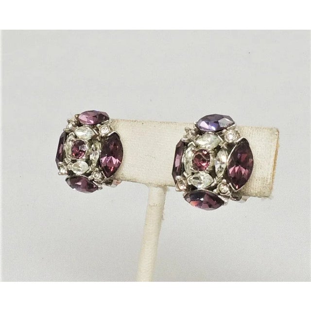 Vintage Signed Bogoff Marquise Faux-Amethyst & Clear Rhinestone Clip Earrings - 2 Pieces For Sale - Image 9 of 9