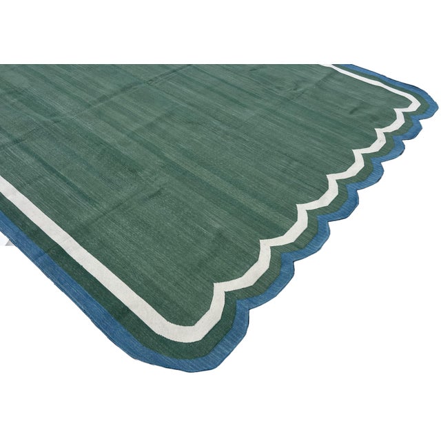 Casa Cosima Handmade Cotton Flat Weave Area Rug, Forest Green and Teal Blue Scalloped Dhurrie - 6'x9' For Sale - Image 4 of 10