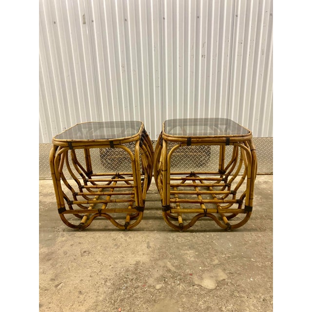 Champagne 70s Rattan End Tables a Pair. For Sale - Image 8 of 12