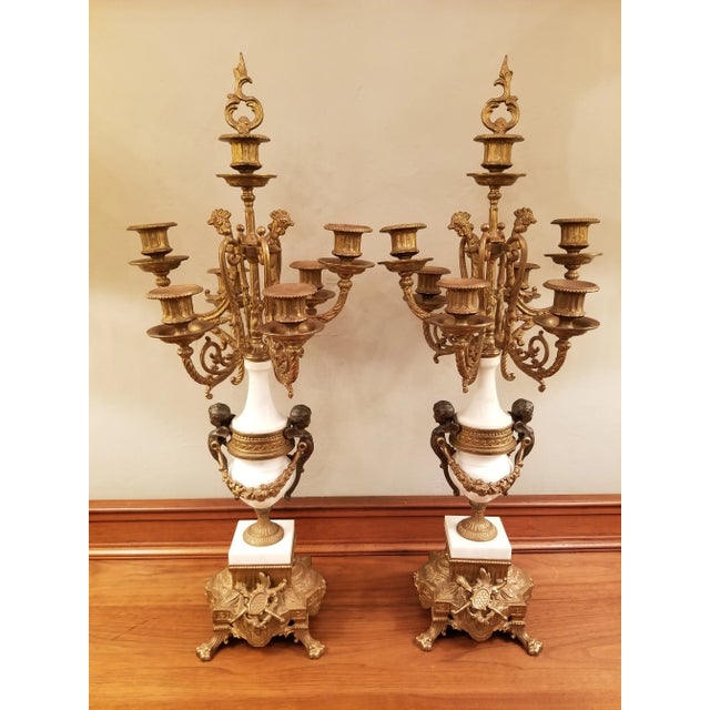 Vintage Italian Pair of 7-Light Gilt Bronze & Marble Figural Cherub Candelabras For Sale - Image 16 of 18