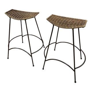 1960s Vintage Wicker and Iron Arthur Umanoff Style Bar Stools - a Pair For Sale