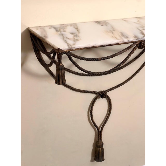 1960s Italian Rope and Tassel Gilt Iron Wall Mount Console Table, Marble Top, 1960s For Sale - Image 5 of 12
