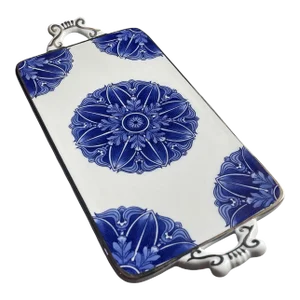 Vintage Bombay Co. Large Blue & White Silver Platinum Trim Stunning Serving Tray