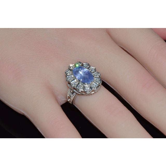 Gia Certified Natural 4cts vs F Diamond No Heat Violet Sapphire 18k Gold Art Deco Etruscan Halo Ring, Size 5.5 For Sale In Dallas - Image 6 of 10