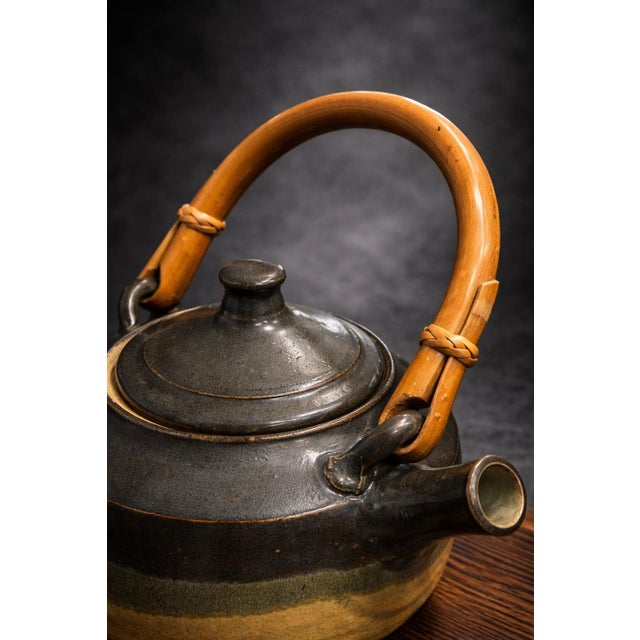 Rustic 1979 Signed Walker Studio Pottery Teapot With Bamboo Handle & Wood Platform For Sale - Image 3 of 12