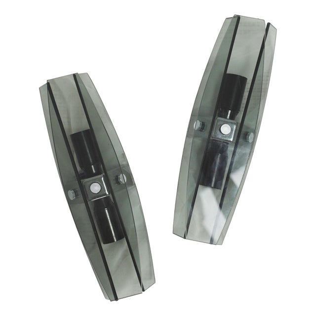 Mid-Century Modern Italian Veca Grey Smoked Glass Wall Sconces by Fontana Arte, 1970s, Set of 2 For Sale