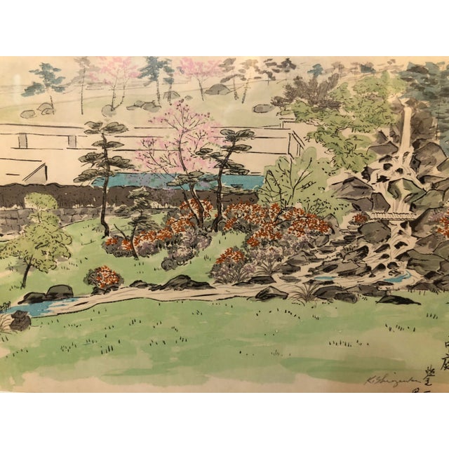 Up for sale is a mid century watercolor painting. This Japanese piece is titled, “The Japanese Garden and Swimming Pool of...