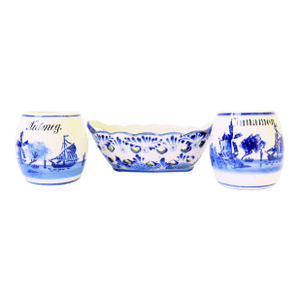 19thC Blue & White Delft Style European Bowl & Spice Jars, Set of 3