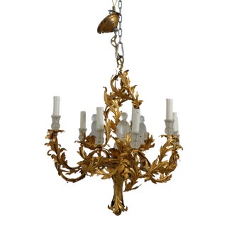 French Gold Leaf Toleware Chandelier W. Asian Crystal For Sale