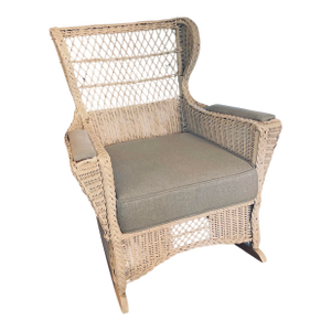 Bar Harbor 1920s Wicker Wingback Rocking Chair, White Cottage Coastal Chair, New Cushion