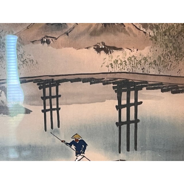 Mid 20th Century Japanese Silk Painting Signed Kasen Vintage Cherry Blossom River Landscape 17x15 For Sale - Image 6 of 7