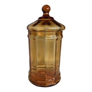 Vintage Empoli Glass Optic Candy Apothecary Jar Amber Circus Tent Lid, Italy For Sale