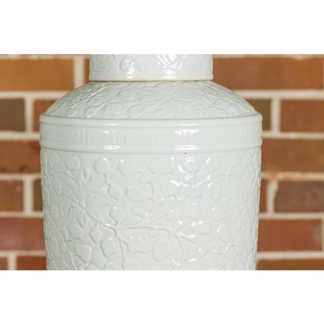 White Porcelain Asian Lidded Jar with Scrolling Foliage Motifs For Sale - Image 12 of 12