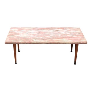 1950s Pink Marble Midcentury Coffee Table With Wood and Brass Legs For Sale