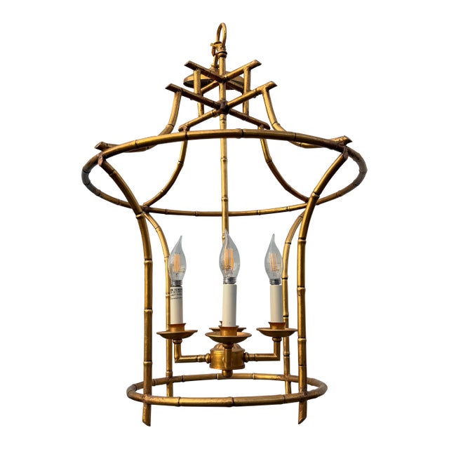 Chelsea House Hollywood Regency Antique Gold Faux Bamboo Pagoda Lantern Chandelier For Sale