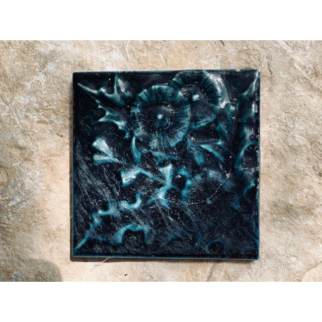 Early 20th Century 'Arts and Crafts' Style Botanical Dark Blue Monochromatic Relief Ceramic Glazed Tile For Sale - Image 13 of 13