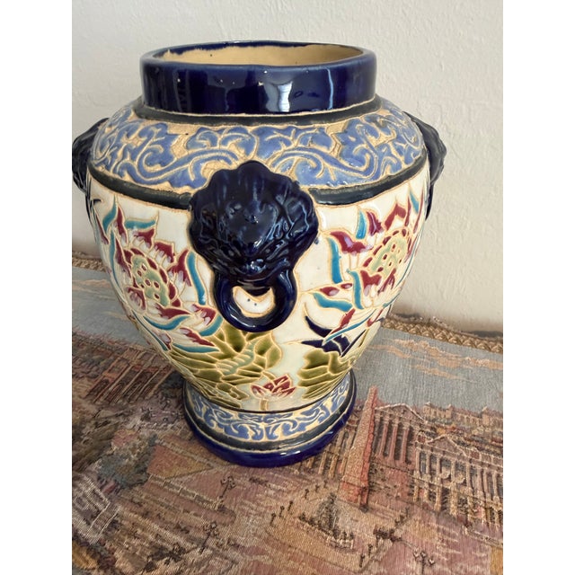 Vintage Chinoiserie 15" Majolica Temple Jar With 4 Blue Lion Handles For Sale - Image 9 of 11