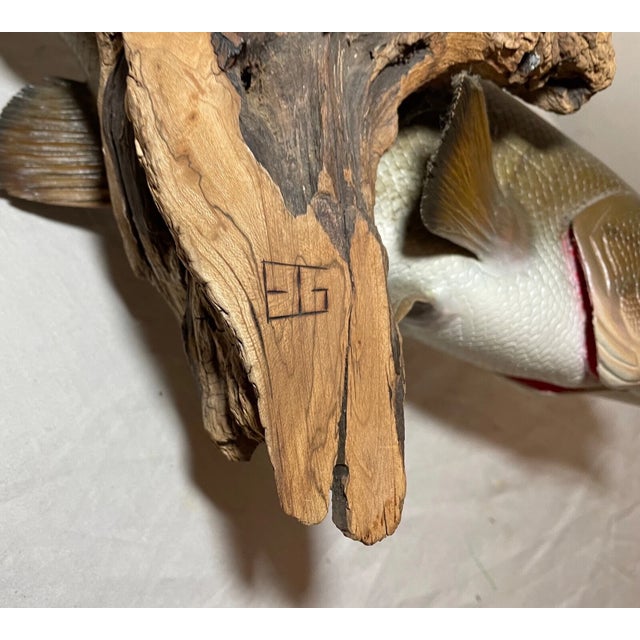 Vintage Handmade Eg Carved Wood Smallmouth Bass Wall Fish Mount Trophy Sculpture For Sale - Image 15 of 18