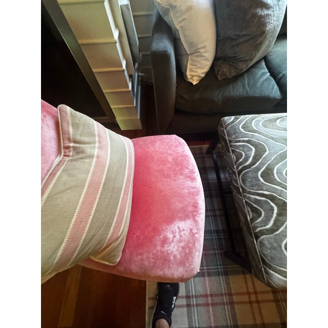 French Vintage Pink Velvet Slipper Chair Features a Rounded Back and Mahogany Legs With Casters, Similar Style to French Louis XVI Accent Seating For Sale - Image 3 of 7