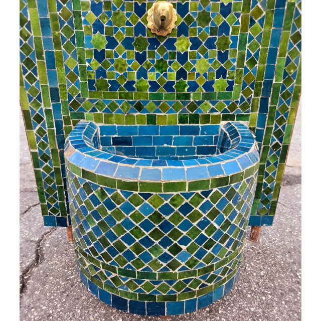 2 Color Tamegroute Green and Petrol Blue Arched Moroccan Mosaic Tile Fountain For Sale - Image 4 of 7